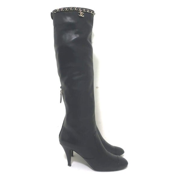 Chanel CC Chain-Trim Cap Toe Knee High Boots Black Leather Size 36.5 - Picture 3 of 15